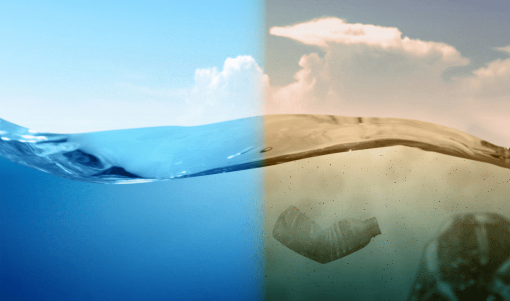 Half of the image shows a beautiful blue, clean Ocean. The other half shows a polluted, grey, Ocean with plastic bottles and nutrient pollution. Ocean Generation shares ways to tackle plastic pollution and other Ocean threats.
