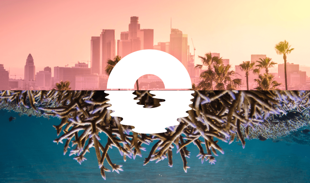 Image split in two; horizontally. In the top half there is a city skyline representing people. In the bottom image is a coral reef; representing the Ocean. Ocean Generation's brand trust circle is in the center of the image. Ocean Generation is a registered Ocean charity teaching the world about the Ocean and how to live sustainably.