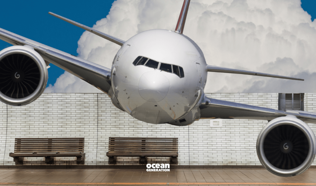 Image split in half horizontally. In the top image an aeroplane, headed towards the camera, is visible. In the lower image are wooden benches at a train or underground station. This article shares the environmental impact of the ways we travel.