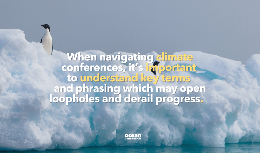 Two little penguins on ice in the Antarctic. The accompanying wording reads: When navigating climate conferences, it’s important to understand key terms and phrasing which may open loopholes and derail progress. Shared by Ocean Generation as part of their series of everything you need to know about COP.