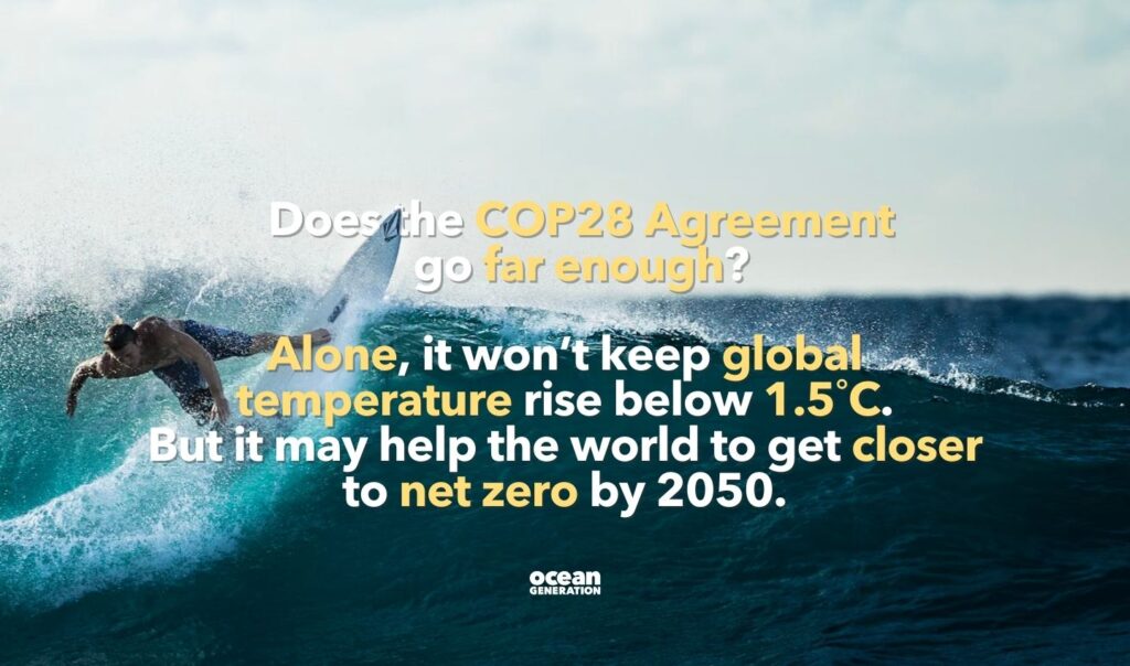 Ocean Generation questions if the COP28 outcomes go far enough to fighting the climate crisis. Alone, it wonโt keep global temperature rise below 1.5หC. But it may help the world to get closer to net zero by 2050.