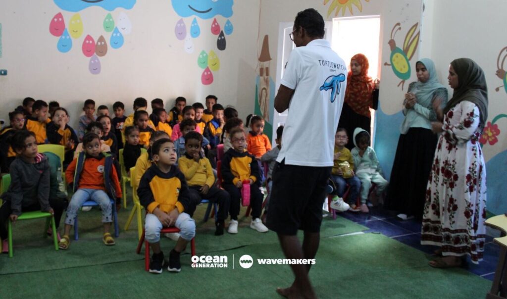 TurtleWatch delivering a turtle talk at a local kindergarten, as explained in a Wavemaker Story published by Ocean Generation, leaders in Ocean education.