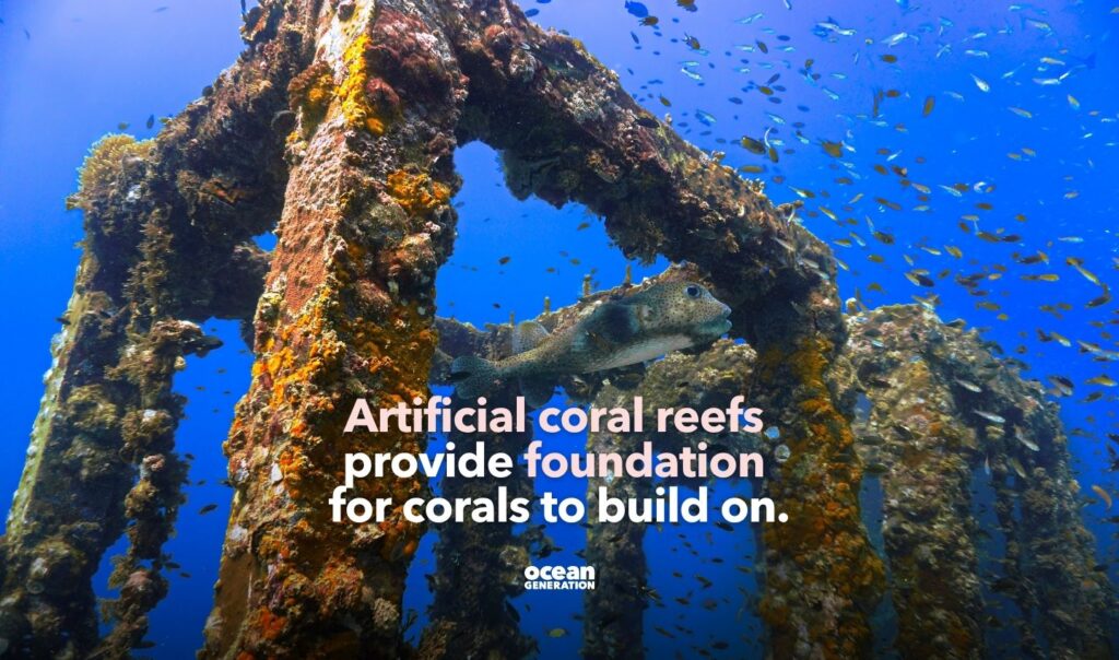 Artificial coral reefs are a reef restoration method. Posted by Ocean Generation.
